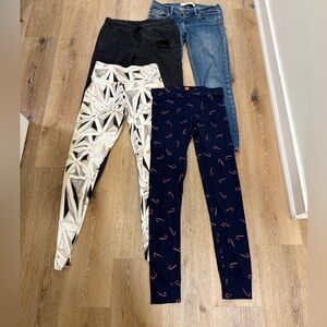 Set of Four Stylish Leggings Roots Track Pants and Jeans. All size small.